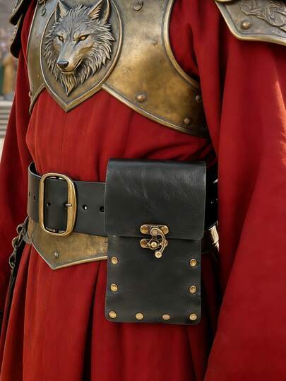 1PC Viking-Inspired Black PU Leather Waist Pouch With Metal Buckle – Medieval Cosplay Festival Belt Bag