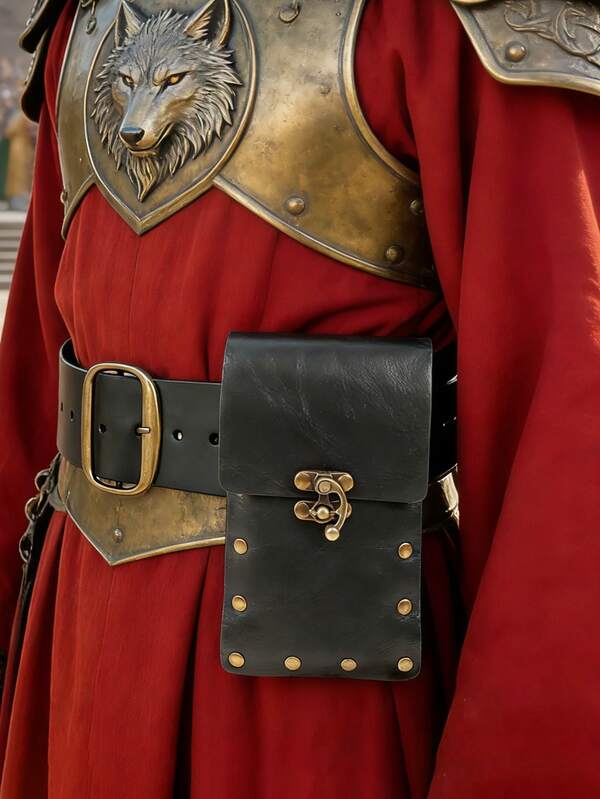 1PC Viking-Inspired Black PU Leather Waist Pouch With Metal Buckle – Medieval Cosplay Festival Belt Bag