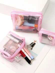 1/2/3pcs Set Minimalist Blush Pink Nylon Mesh Makeup Bag, Large Capacity Travel Cosmetic Storage Box, Transparent Essential Toiletry Organizer, Zipper Pouch, Makeup Bag, Makeup Case, Wash Bag, Desktop Organizer, Makeup Pouch, Bag - Baby Pink - View 2