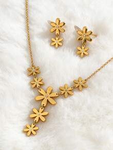 VceTd 1 Set de joyería de acero inoxidable lujosa y elegante con diseño de colgante floral con incrustaciones de vidrio, adecuada para la vida diaria de las mujeres, bodas, compromisos, regalos del Día de San Valentín o regalos del Día de la Madre - Amarillo Oro - Ver 7