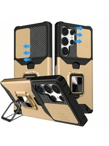 Compatible With IPhone 16 Pro Max/15 Pro Max/14 Pro Max/13 Pro Max/12 Pro Max/11 Pro Max/XS Max/7/8 Plus Phone Case With Card Slot + 360° Rotating Stand Military-Grade Drop Protection Phone Case + Ring Holder Series + Premium Craftsmanship + Full Phone Case Set, Compatible With Samsung S25U/S22/23/24+, Note 11/12 Pro - Gold - View 1