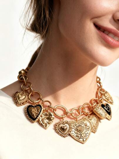 1pc Vintage High-End Design Chain Alloy Multi-Style Oil Drop Heart Pendant Casual Necklace For Women