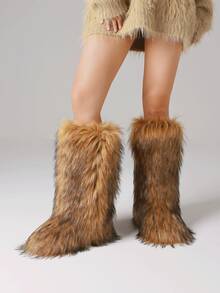 Women Valentine Fashionable Fluffy Winter Christmas Furry Long Boots Pull-On Faux Fur Round Toe Boots Warm Boots Outdoor Flat Shoes Party Casual Winter Fall Boots - 棕色A - 查看 8