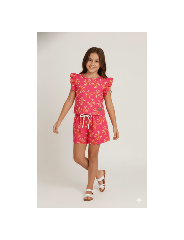 Conjunto Cropped Infantil Verão Feminino Laços Manga Babado - Pink