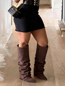 Shark Boots Women's Knee High Boots Fold Over Boots Slouchy Chunky High Heels Shoes Wide Calf Pointed Toe Shoes - Da lộn sô cô la - Xem 5