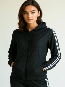 Women's Windbreaker Tactel Gym Jacket With Zipper And Hood - Black and White - View 1