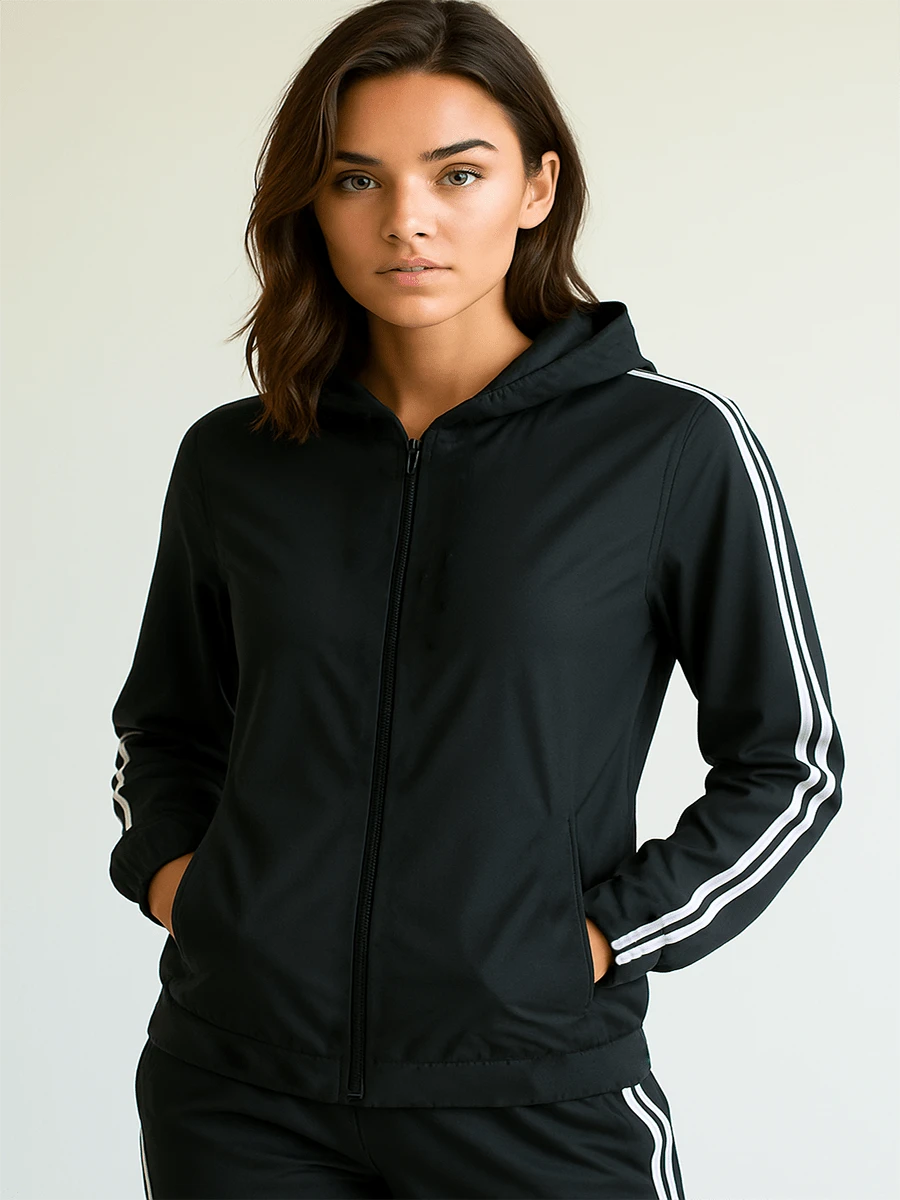 Women's Windbreaker Tactel Gym Jacket With Zipper And Hood - Black and White - View 1