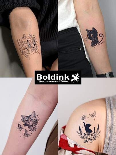 Boldink 2张可爱猫咪系列装饰性临时防水纹身贴纸，持久1-2周，植物汁液纹身贴纸，最适合秋冬季身体装饰，深受女性和时尚达人的喜爱