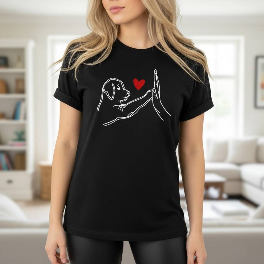 Women's Pure Cotton T-Shirt With Dog & Human High Five Heart Print, Classic Crew Neck Short Sleeve Tee, Casual Daily Top, S-5XL Sizes Available, Soft Breathable Fabric, Cute Animal Graphic Shirt For Dog Lovers, Black Basic Tee With Red Heart Detail, Regular Fit Summer Clothing - 黑色 - 查看 1