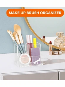 1个透明亚克力三格笔筒多功能收纳盒，适用于办公室、学生书桌、化妆品、护肤品收纳——时尚紧凑的桌面收纳，节省空间，现代透明桌面配件，适合返校季、宿舍、家庭办公室、梳妆台和美容站；非常适合学习角、工艺桌、梳妆台，可收纳化妆工具、钢笔、铅笔、刷子、护肤品罐子和小配件 - 彩色 - 查看 5