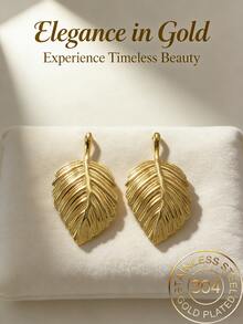 Stainless Steel Gold-Plated Leaf Stud Earrings, Low Allergenic, Nickel-Free, Women's Exaggerated Stud Earrings, Thick Gold Women's Stud Earrings, Fashionable Declaration Geometric Texture Lightweight Anti-Allergy Stud Earrings - Multicolor - View 1