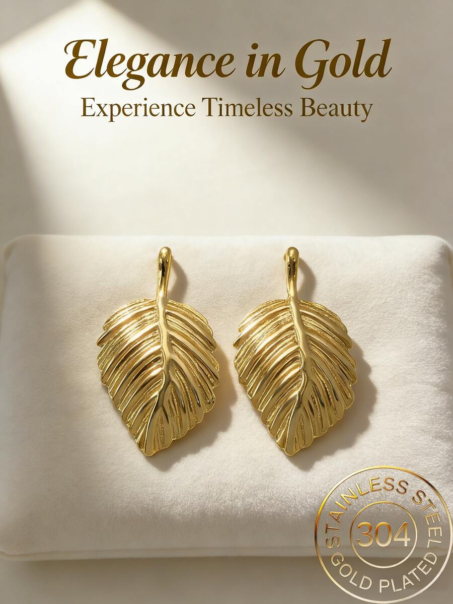 Stainless Steel Gold-Plated Leaf Stud Earrings, Low Allergenic, Nickel-Free, Women's Exaggerated Stud Earrings, Thick Gold Women's Stud Earrings, Fashionable Declaration Geometric Texture Lightweight Anti-Allergy Stud Earrings - Multicolor - View 1