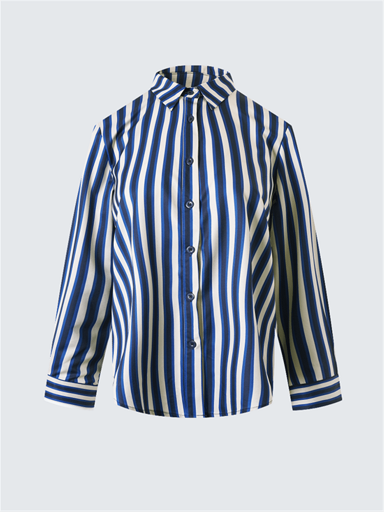 Women's Casual Striped Long Sleeve Shirt With Collar And Button Details, Regular Fit For Spring And Autumn - Adult Women's Fashion Top | Striped Pattern Blouse | Cute Button-Up Shirt - Blue - View 3