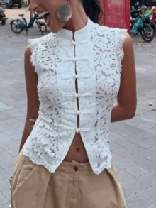 Women Elegant Floral Lace Tank Top Solid Color Chinese Frog Button Sleeveless Shirt Fairy Aesthetic Slim Fit Mock Neck Vest Top Y2k Casual Streetwear - trắng - Xem 1