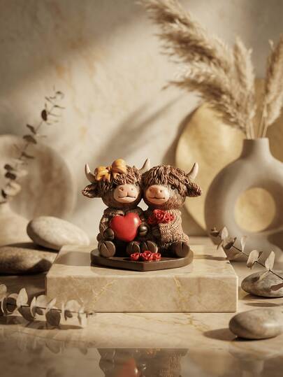 1pc Adorable Highland Cow Couple Decor, Sitting On Heart-Shaped Base With Yellow Bow And Red Heart Flower Bouquet, Romantic Farmhouse Style Animal Figurine, Lovely Gift For Valentine's Day, Wedding, Anniversary