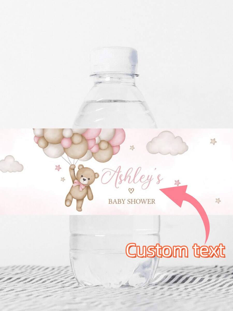客製化姓名泰迪熊嬰兒派對水瓶標籤貼紙,可愛粉色氣球熊瓶身貼紙,嬰兒派對裝飾,返校季適用 - 彩色 - 查看 1