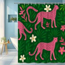 Pink Leopard Floral Shower Curtain On Green Background - White - View 1