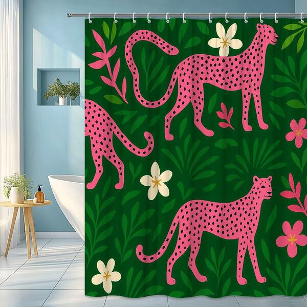 Pink Leopard Floral Shower Curtain On Green Background