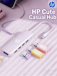 HP USB 扩展坞带 Type-C 充电适配器 3.0 分线器兼容苹果笔记本电脑转换器 4K 投影 PD 充电扩展坞四合一（黑色、白色、奶茶色、银色） - 五合一 - 查看 2