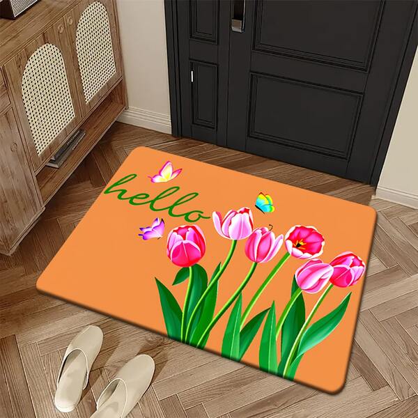 1/2 piezas Juego de felpudo y alfombra de puerta con tulipanes, con estampados florales y de mariposas frescos, colores brillantes y cálidos, adecuados para escenas del hogar como entradas, escaleras y pasillos, realzando la belleza del espacio