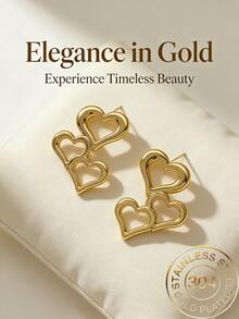 不锈钢镂空心形拼接耳环，镀金耳钉，复古优雅风格，送给女士和女孩的礼物 - 彩色 - 查看 3