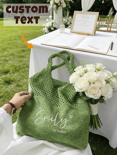 Customized Knitted Tote Bag, Customized Beach Bag, Bridesmaid Gift, Customized Linen Bag, Personalized Bridesmaid Gift Bag, Bachelorette Party Gift, Beach Tote Bag, Customized Gift, Cosmetic Bag, Travel Accessories, Multi-Functional, Space-Saving, Elegant Font