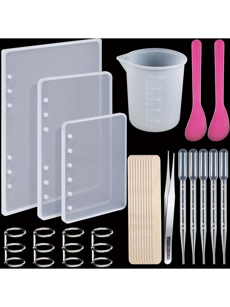 26件套笔记本硅胶模具套装，笔记本封面硅胶模具，适用于A5、A6、A7尺寸，笔记本环氧树脂DIY硅胶树脂模具，包含书环、勺子、镊子、杯子、滴管、木棍。 - 長方形 - 查看 11