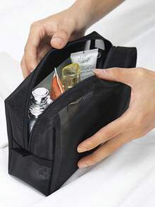 1/2/3pcs Set Black Minimalist Nylon Mesh Makeup Bag, Large Capacity Travel Makeup Organizer Box, Transparent Essential Cosmetic Storage Zipper Pouch, Nail Bag, Makeup Bag, Toiletry Bag, Desktop Organizer - Black - View 6