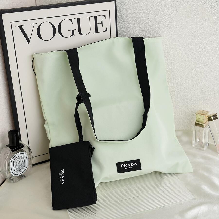Prada Túi tote vải bố màu xanh lá cây kèm túi nhỏ màu đen có thể tháo rời, bộ đựng mỹ phẩm bằng vải bố phủ lớp chống thấm, bộ 2 túi đựng mỹ phẩm du lịch. - Đen và xanh lá cây - Xem 1
