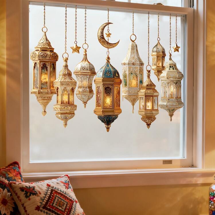 1 Roll 2D Retro Ramadan Glass Door And Window Decoration Stickers, Middle East Stars, Moon, Living Room, Holiday Beautification Decoration, Electrostatic Adsorption Paper, Window Stickers - Ramadan - View 1