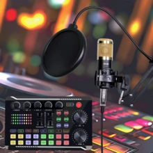 Upgraded F998 Sound Card Kit, Podcast Microphone Bundle, Condenser Mic With Live Sound Card Kit, Podcast Equipment Bundle With Voice Changer And Mixer Functions For PC Smartphone Studio Recording & Broadcasting - Gold Microphone + F998 Sound Card - View 3