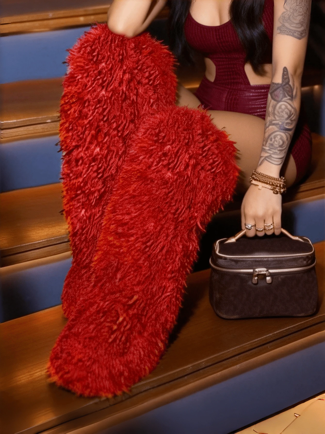 Luxury EdgyElongate Womens New Christmas Furry Fluffy Boots Over Knee Roud Toe Flat Sole Pull On WInter Fur Boots Outdoors Party Dressy Occasions Snow Shoes - Đỏ - Xem 1