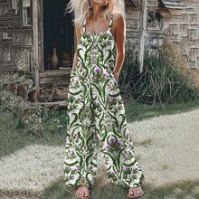 (Free Shipping!!!) 2026 Women's New Arrival White & Green Vine Floral Print Spaghetti Strap Wide Leg Elastic Waist Bohemian Pastoral Vintage Casual Jumpsuit - 綠色 - 查看 3