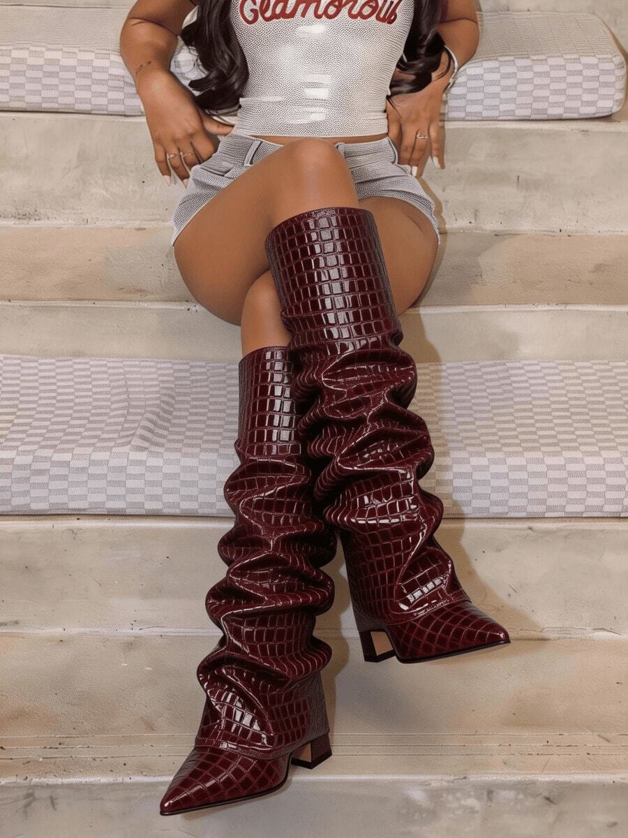 Shark Boots Women's Knee High Boots Fold Over Boots Slouchy Chunky High Heels Shoes Wide Calf Pointed Toe Shoes - 紅色石頭紋 - 查看 1