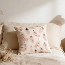 1pc Linen Unfilled Pillowcase, Pink Feather Print Pillowcase, Suitable For Living Room And Home Use - Pink Feathers - View 2