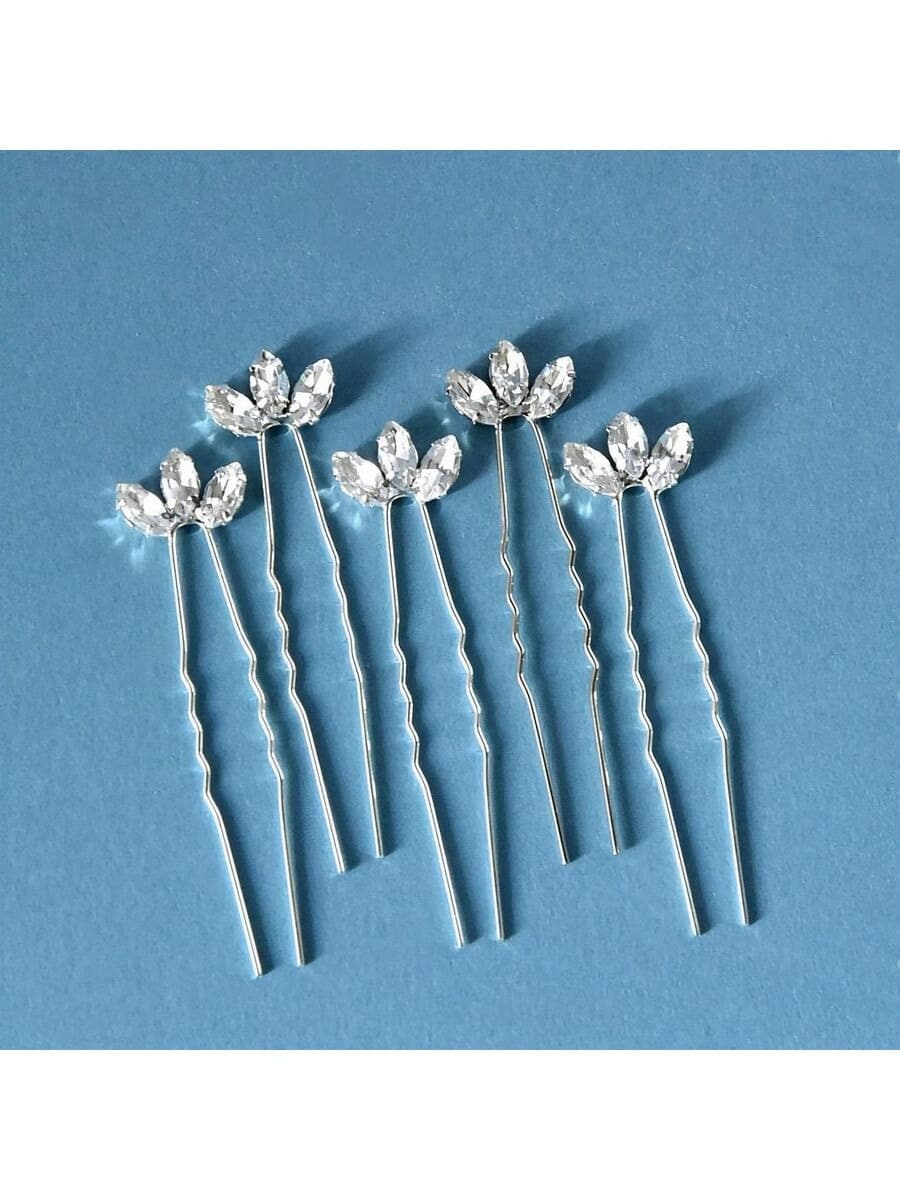 5pcs Women's Handmade Silver Glass Rhinestone Leaf Hair Clips, Bridal Wedding Party Accessories Valentine's Day Accessories