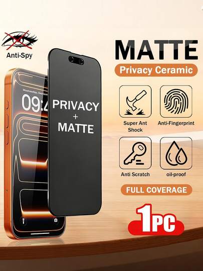 1-Pack Privacy Matte Frosted Ceramic Screen Protector Compatible With IPhone 17 Pro Max, Frosted Anti-Spy Ceramic Film, Full Coverage, Anti-Fingerprint, Anti-Peeping, Anti-Fall, Anti-Glare, Compatible With IPhone 17 Pro/17 Air/17/16/15/14/13/12/11 Screen Protection Essentials, Applicable To Daily Shield, Office, Home Daily Shield Office Home Phone Screen Protector Phone Accessories Privacy Screen Protector Waterproof Shockproof Scratch Resistant