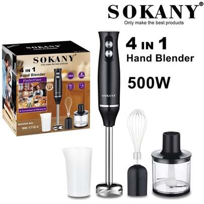  SOKANY Batidora Eléctrica Multifuncional 4 en 1, 500W de Alta Potencia, Ajuste de Doble Velocidad, Base Desmontable. Incluye Unidad Principal, Eje Mezclador, Batidor, Tazón Picadora de Carne y Taza Trituradora. Adecuado para Batir, Mezclar Carne, Hacer Comida para Bebés y Hacer Jugos. Ideal para Uso Doméstico y de Hotel como Batidor, así como Suplementos Alimenticios de Frutas.