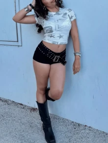 Women Y2K Rivet Belt Denim Shorts Casual Solid Color Low Waist Wide Studded Belt Micro Shorts Vintage 2000s Gothic Punk Mini Bottom Summer Going Out Party Clubwear Shorts - 黑色 - 查看 10