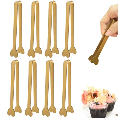 4/6/8PCS Cute Heart Shaped Mini Serving Tong, Luxurious Golden Sugar Cube Tong, Stainless Steel Ice Cube Tong, Adorable Small Tong For Dessert/Snack/Cheese Board/Wedding/Party/Buffet/Valentine's Day/Mother's Day