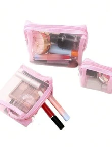 1/2/3pcs Set Minimalist Blush Pink Nylon Mesh Makeup Bag, Large Capacity Travel Cosmetic Storage Box, Transparent Essential Toiletry Organizer, Zipper Pouch, Makeup Bag, Makeup Case, Wash Bag, Desktop Organizer, Makeup Pouch, Bag - Baby Pink - View 4