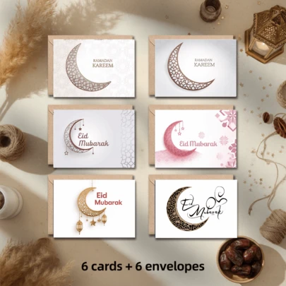 Bộ 6 thiệp chúc mừng Eid Mubarak vẽ màu nước trang nhã, kèm phong bì, mang phong cách Bohemian với hình ảnh đèn lồng, trăng và cảnh lễ hội Eid, hộp quà tặng văn phòng phẩm.