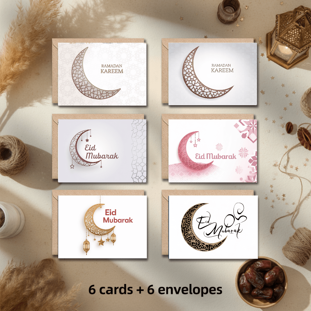 Set de 1/6 tarjetas de felicitación elegantes de Eid Mubarak con estilo bohemio que incluyen linternas, lunas y escenas de celebración de Eid, con sobres, en caja de regalo de papelería