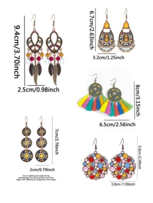 7/11/15/21/27 Pairs Random Bohemian Style Earrings Set, Red Tassel Earrings, Enamel Floral & Geometric Earrings, Suitable For Travel, Photo Shooting, Daily Wear - Multicolor - View 9