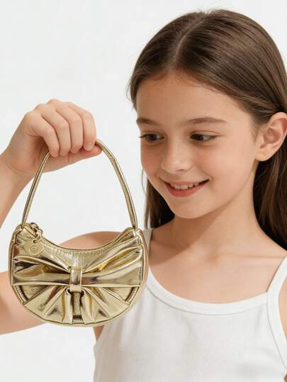New Fashion Children's Handbag For Girls, Bow Decor Tote Bag, Mini Coin Purse, Cute Bag, Shiny PU Leather, Gift For Holidays, Gold & Silver Accessories