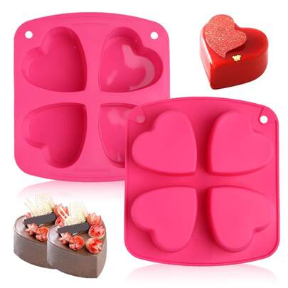 4pcs Heart Shaped Silicone Molds - Baking Trays For Cupcakes, Muffins And Handmade Soap