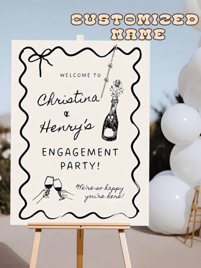 Customized Engagement Wedding Party White Welcome Sign, Hand-Painted Champagne Design Suitable For Engagement, Valentine's Day, Wedding, Birthday, Christmas, Halloween Parties And Formal Dinners