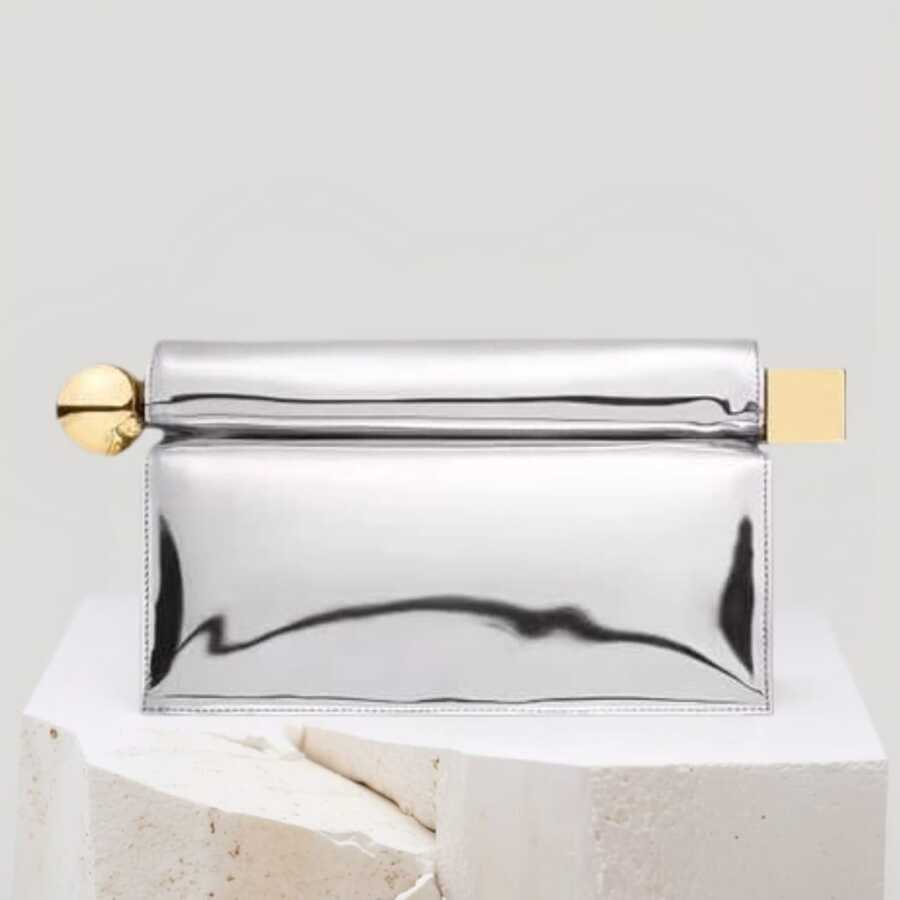 Shiny Metallic PU Leather Purse Bag Novel Square Glossy Folding Handbag For Dinner Wedding Banquet Prom - 銀色 - 查看 1