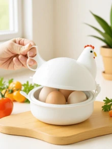1Pc Chicken Shaped Microwave Egg Cooker, Plastic Boiler Steamer With 4 Egg Capacity, Fast Egg Cooker, Hard And Soft Boiled Egg Machine, Food Mini Egg Poaching Container - Multicolor - View 1