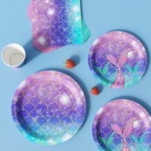 1 Set Iridescent Fish Scale Disposable Plates, Napkins And Cups, Serves 8 Guests, Suitable For Birthday, Wedding, Party, Family Picnic - Multicolor - View 4